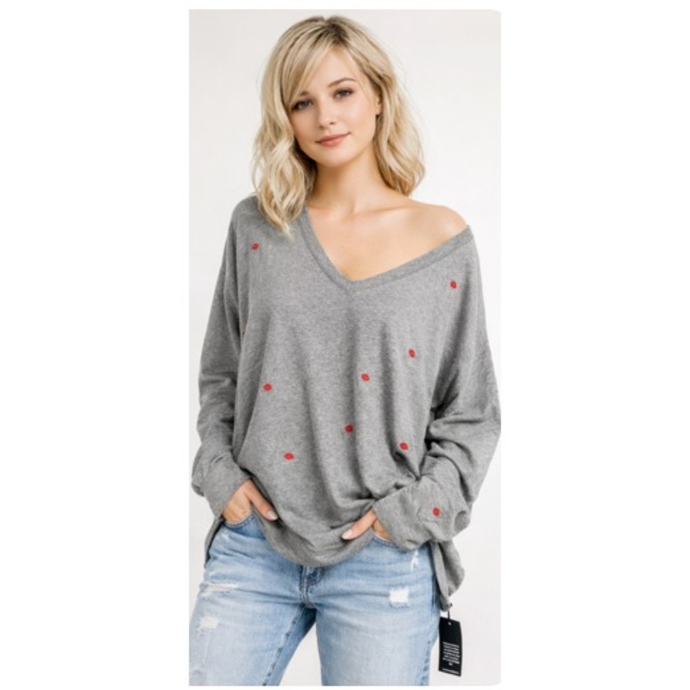 Michael Lauren Kodiak Mini Kiss Embellished V Neck Long Sleeve T Shirt XS Grey